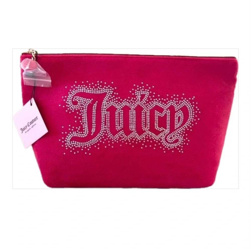 JUICY COUTURE XL Velour Fuchsia Cosmetic Bag with Rhinestone Logo NWT RETAIL $80